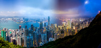A blended image of Hong Kong harbour from the Peak, showing the day-time and night-time aspects of this vibrant Asian city.