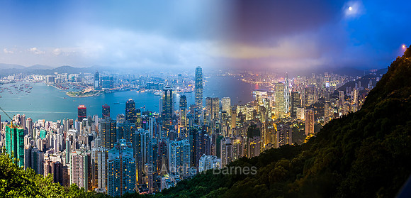 A blended image of Hong Kong harbour from the Peak, showing the day-time and night-time aspects of this vibrant Asian city.