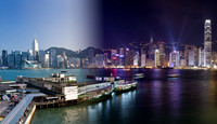A blended image of Hong Kong island and harbour with the famous Star Ferry terminal, showing the day-time and night-time aspects of this vibrant Asian city.