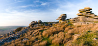 A stitched panorama of granite tors on Bodmin Moor, Cornwall, catch the setting autumn sun.