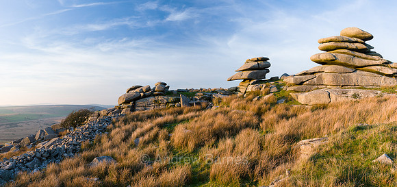 A stitched panorama of granite tors on Bodmin Moor, Cornwall, catch the setting autumn sun.